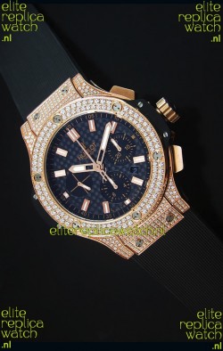 Hublot Big Bang Carbon Dial Diamonds Studded Rose Gold Swiss Watch 
